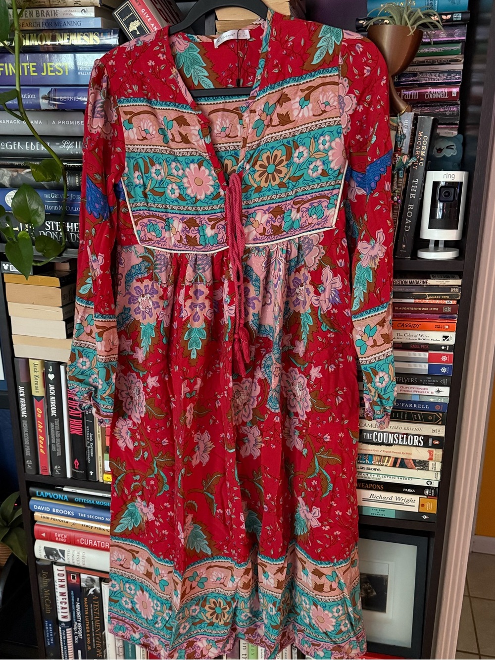 Sz S 4/6 R Vivimos Long-Sleeve Boho Floral-Print V-Neck Tassel Midi Dress